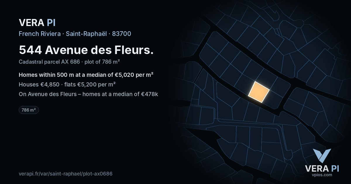 544 Avenue des Fleurs, Saint-Raphaël at night – the plot lit, the parcels around coloured by the prices near them