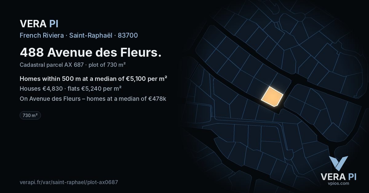 488 Avenue des Fleurs, Saint-Raphaël at night – the plot lit, the parcels around coloured by the prices near them