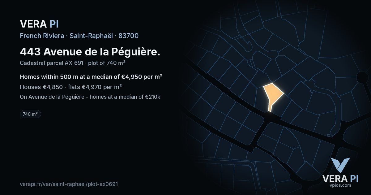 443 Avenue de la Péguière, Saint-Raphaël at night – the plot lit, the parcels around coloured by the prices near them