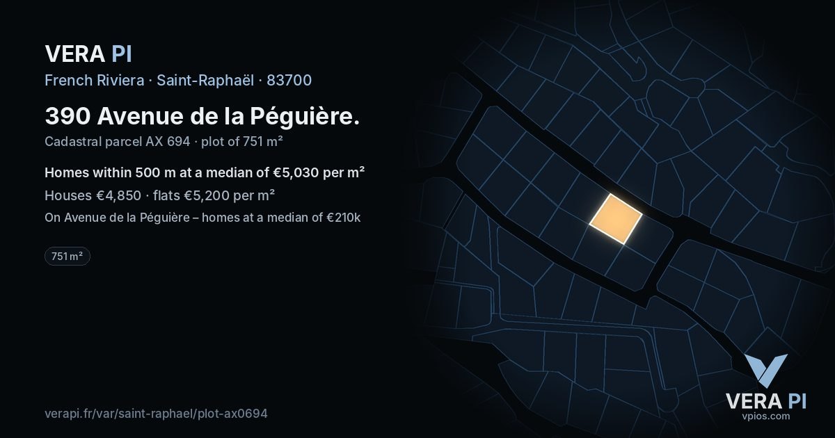 390 Avenue de la Péguière, Saint-Raphaël at night – the plot lit, the parcels around coloured by the prices near them