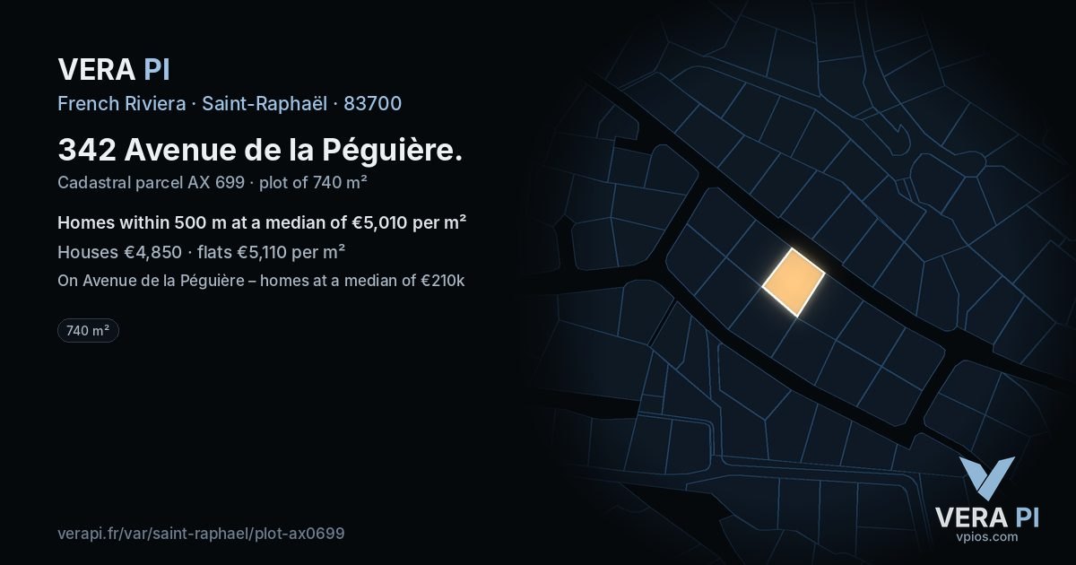 342 Avenue de la Péguière, Saint-Raphaël at night – the plot lit, the parcels around coloured by the prices near them