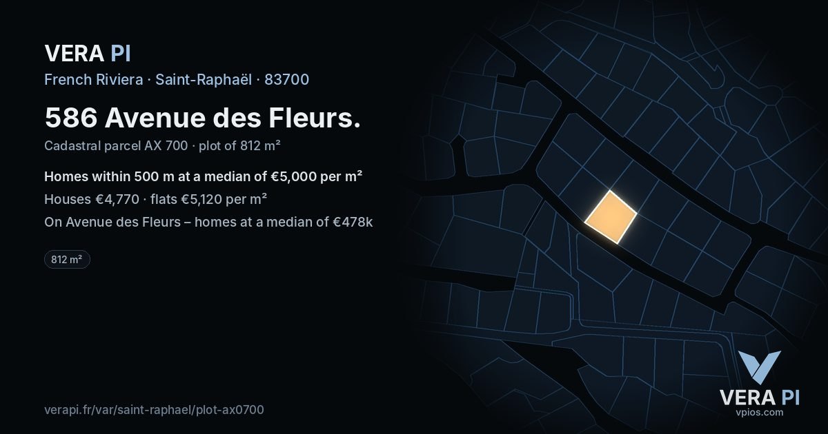 586 Avenue des Fleurs, Saint-Raphaël at night – the plot lit, the parcels around coloured by the prices near them