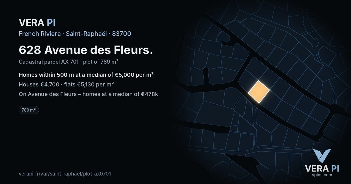 628 Avenue des Fleurs, Saint-Raphaël at night – the plot lit, the parcels around coloured by the prices near them