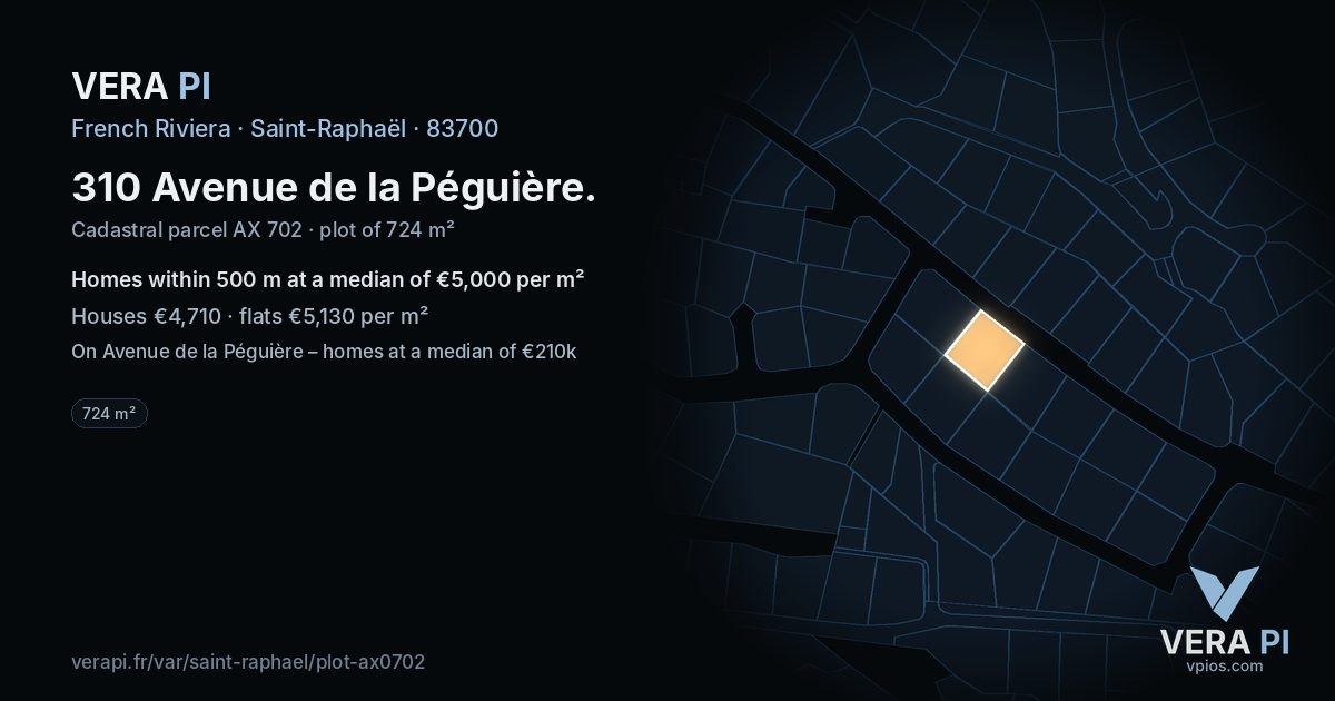 310 Avenue de la Péguière, Saint-Raphaël at night – the plot lit, the parcels around coloured by the prices near them