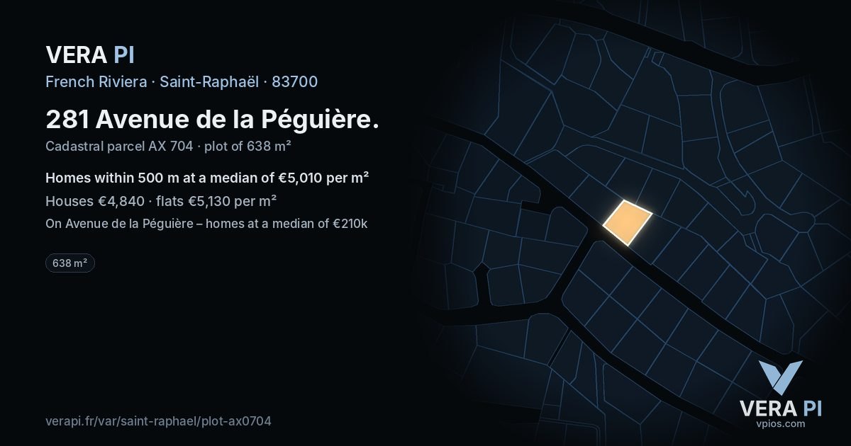281 Avenue de la Péguière, Saint-Raphaël at night – the plot lit, the parcels around coloured by the prices near them
