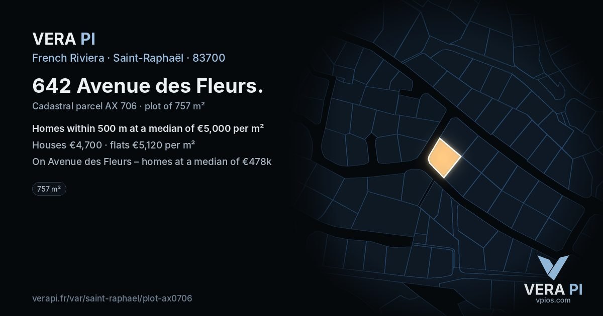 642 Avenue des Fleurs, Saint-Raphaël at night – the plot lit, the parcels around coloured by the prices near them