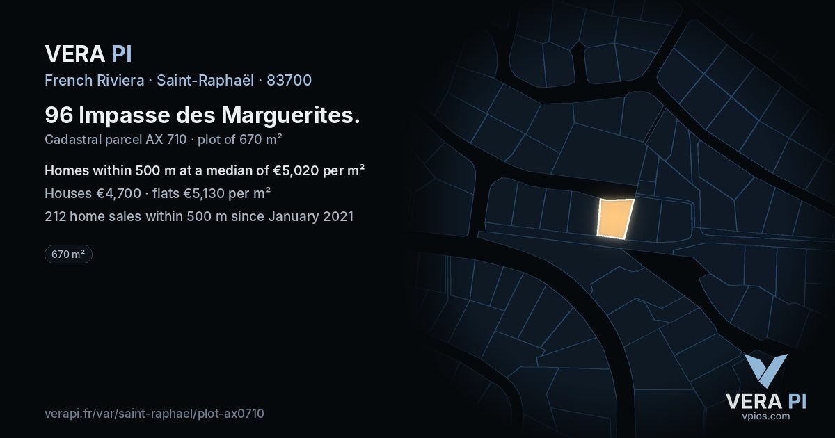 96 Impasse des Marguerites, Saint-Raphaël at night – the plot lit, the parcels around coloured by the prices near them