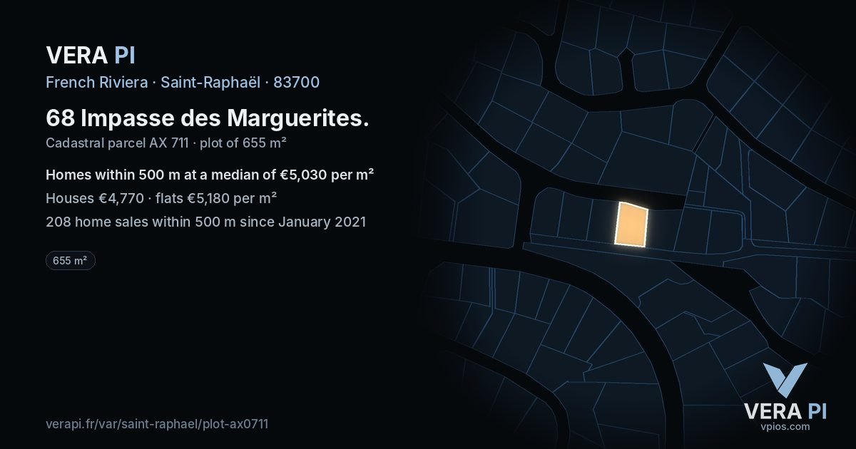 68 Impasse des Marguerites, Saint-Raphaël at night – the plot lit, the parcels around coloured by the prices near them