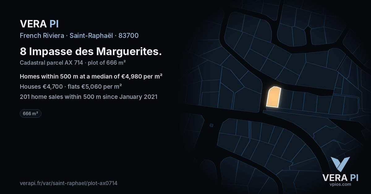 8 Impasse des Marguerites, Saint-Raphaël at night – the plot lit, the parcels around coloured by the prices near them