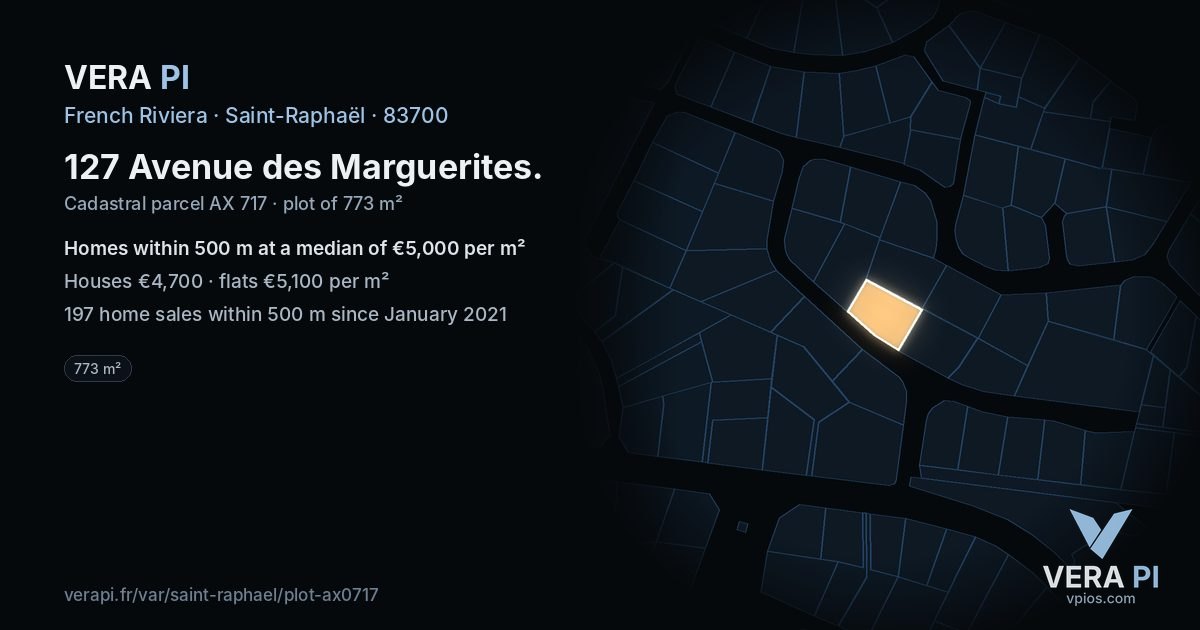 127 Avenue des Marguerites, Saint-Raphaël at night – the plot lit, the parcels around coloured by the prices near them