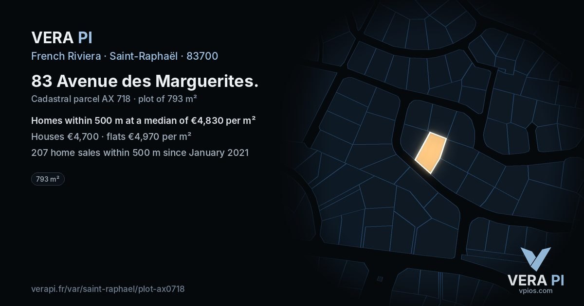 83 Avenue des Marguerites, Saint-Raphaël at night – the plot lit, the parcels around coloured by the prices near them