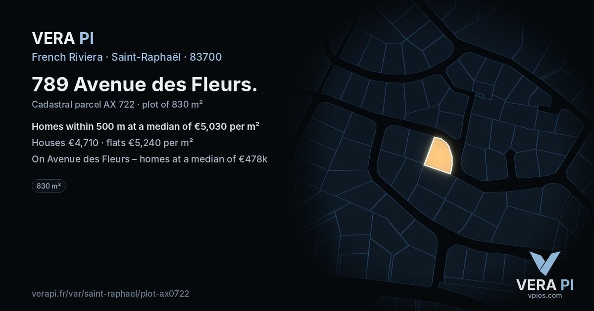 789 Avenue des Fleurs, Saint-Raphaël at night – the plot lit, the parcels around coloured by the prices near them