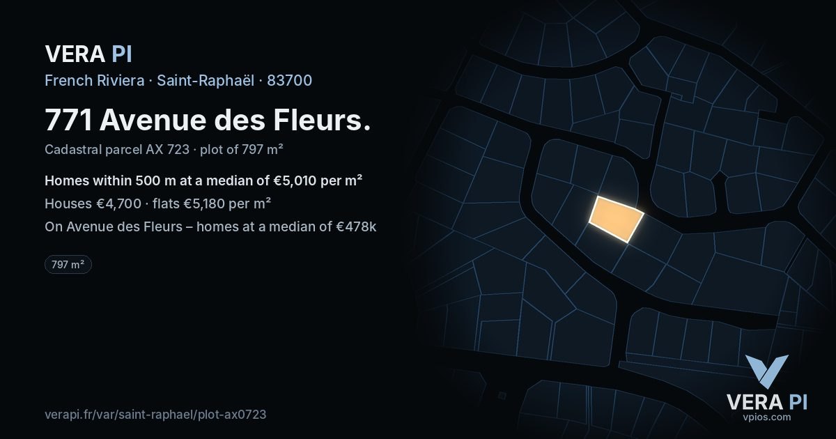 771 Avenue des Fleurs, Saint-Raphaël at night – the plot lit, the parcels around coloured by the prices near them
