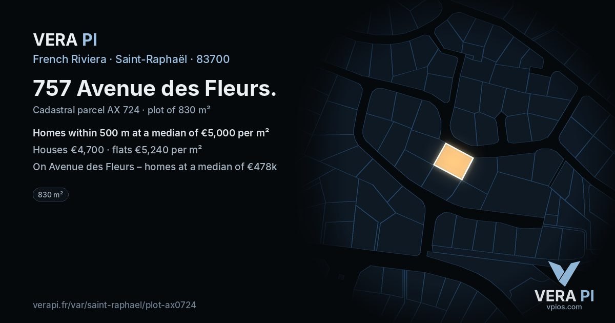 757 Avenue des Fleurs, Saint-Raphaël at night – the plot lit, the parcels around coloured by the prices near them