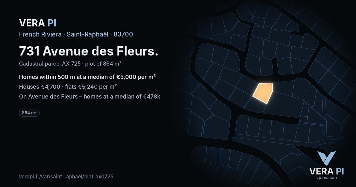 731 Avenue des Fleurs, Saint-Raphaël at night – the plot lit, the parcels around coloured by the prices near them
