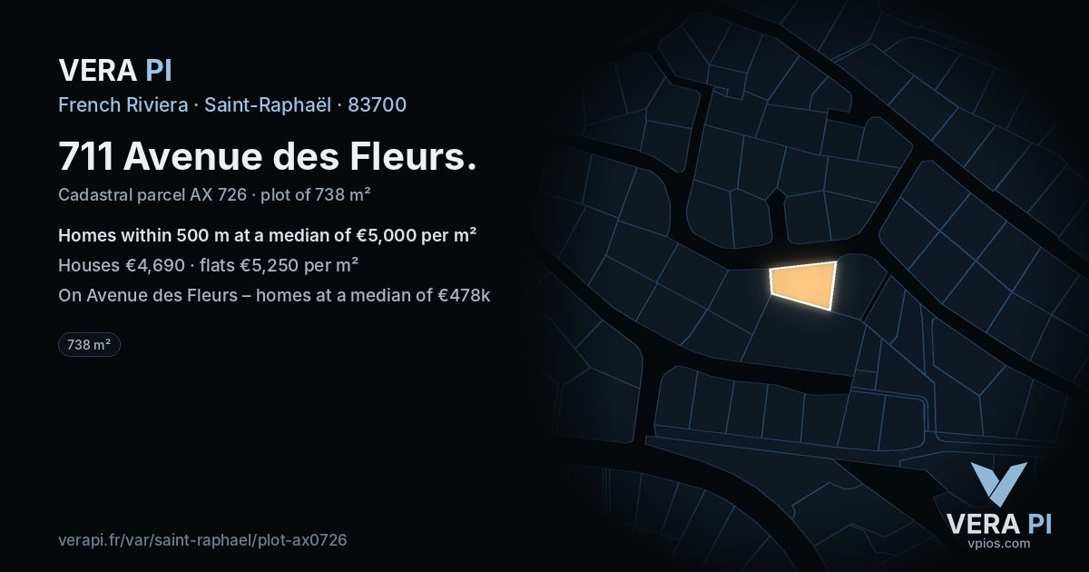 711 Avenue des Fleurs, Saint-Raphaël at night – the plot lit, the parcels around coloured by the prices near them