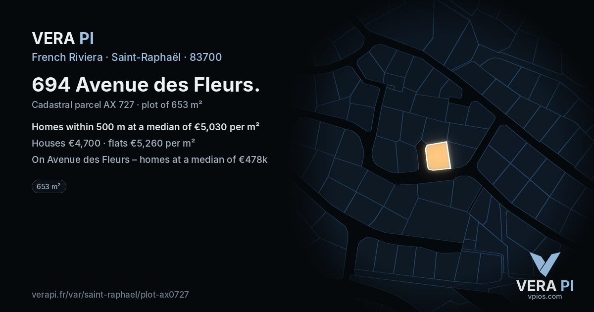 694 Avenue des Fleurs, Saint-Raphaël at night – the plot lit, the parcels around coloured by the prices near them
