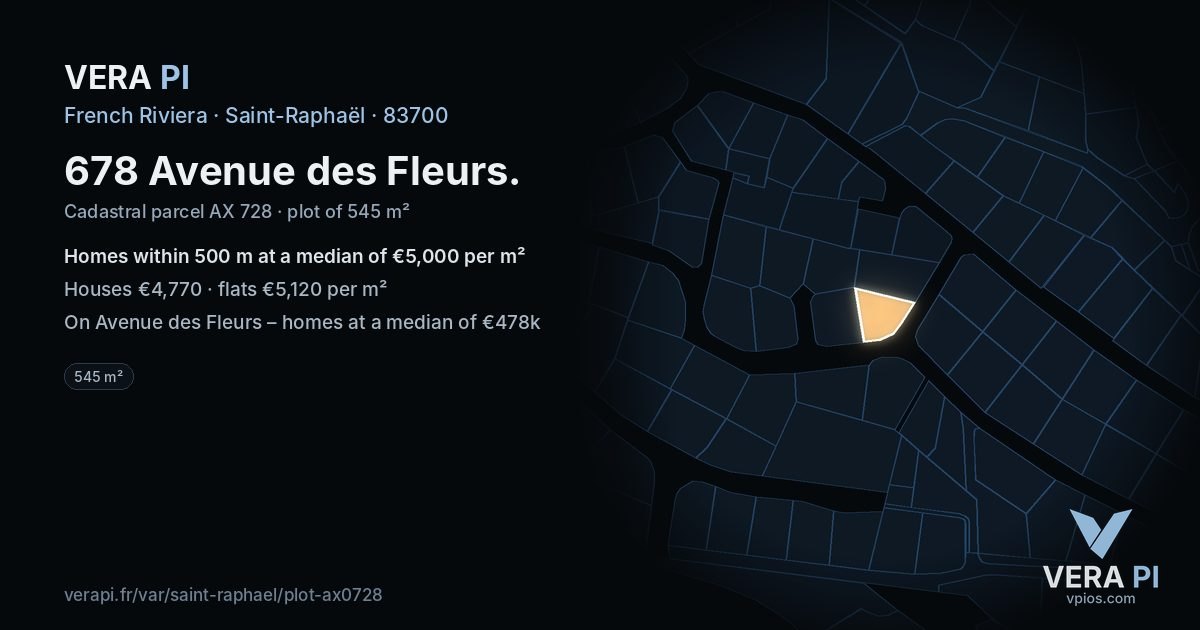 678 Avenue des Fleurs, Saint-Raphaël at night – the plot lit, the parcels around coloured by the prices near them