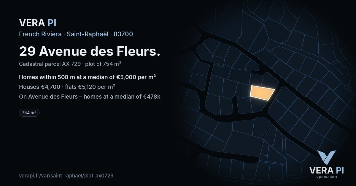 29 Avenue des Fleurs, Saint-Raphaël at night – the plot lit, the parcels around coloured by the prices near them
