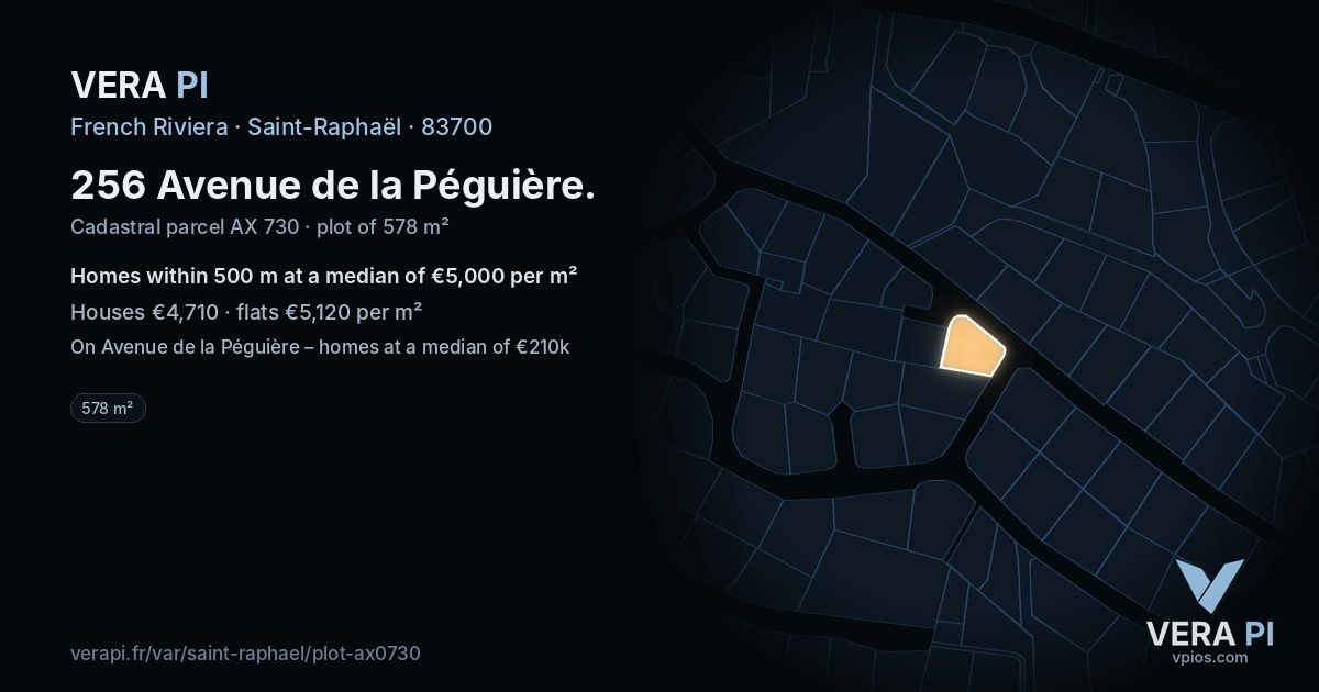 256 Avenue de la Péguière, Saint-Raphaël at night – the plot lit, the parcels around coloured by the prices near them
