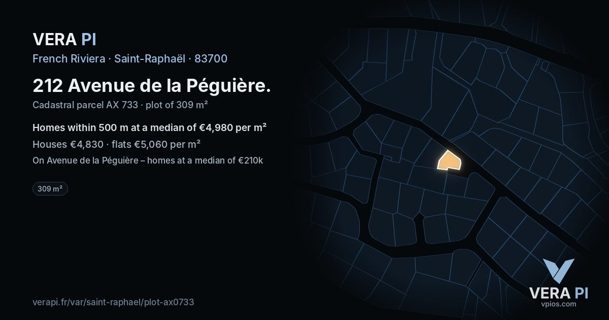 212 Avenue de la Péguière, Saint-Raphaël at night – the plot lit, the parcels around coloured by the prices near them