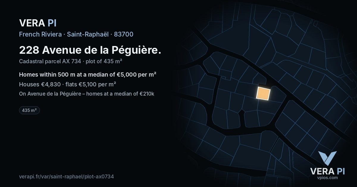 228 Avenue de la Péguière, Saint-Raphaël at night – the plot lit, the parcels around coloured by the prices near them