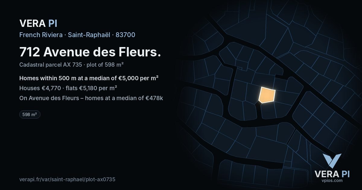 712 Avenue des Fleurs, Saint-Raphaël at night – the plot lit, the parcels around coloured by the prices near them