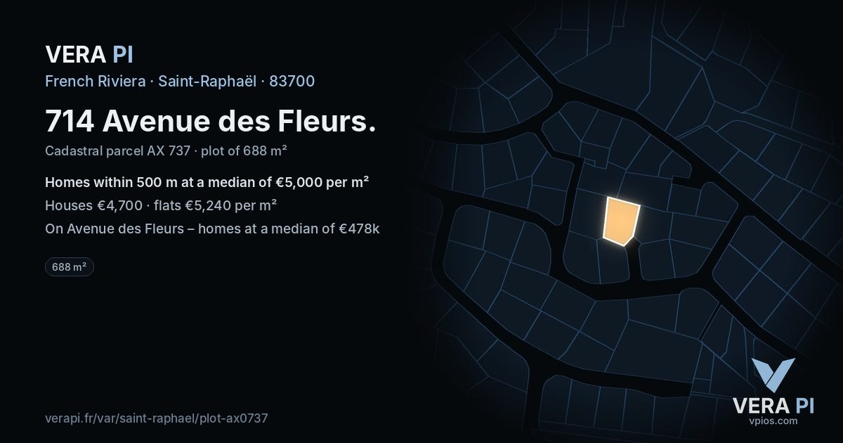 714 Avenue des Fleurs, Saint-Raphaël at night – the plot lit, the parcels around coloured by the prices near them