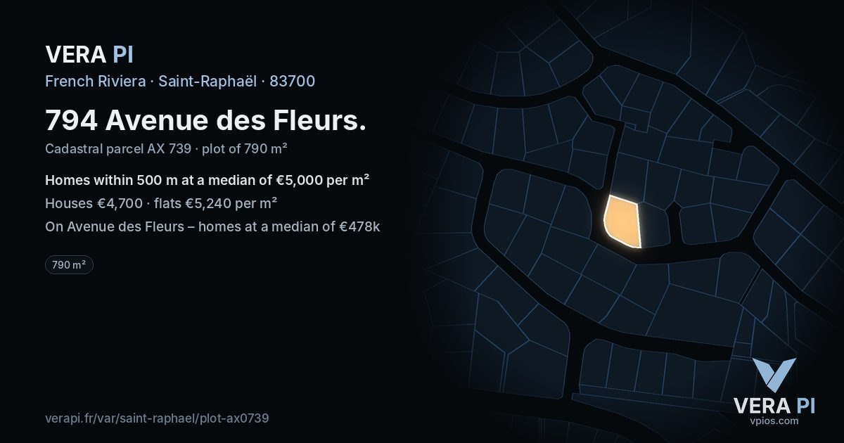 794 Avenue des Fleurs, Saint-Raphaël at night – the plot lit, the parcels around coloured by the prices near them