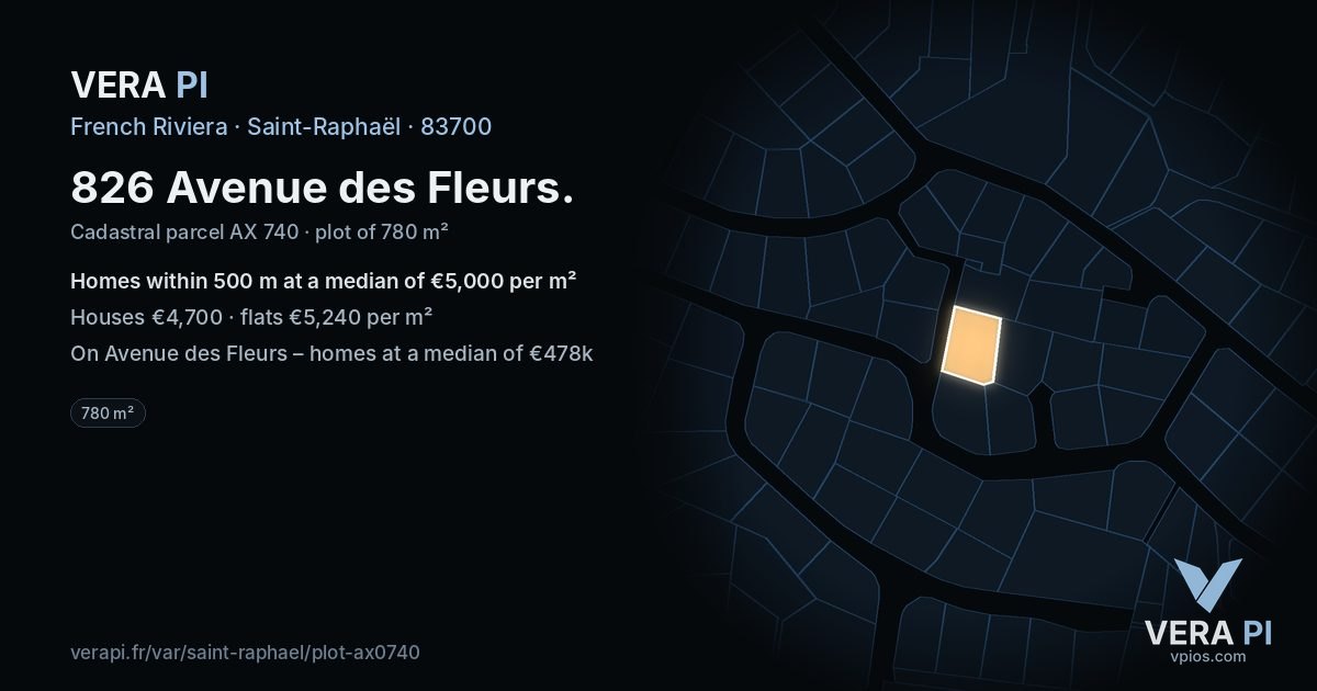 826 Avenue des Fleurs, Saint-Raphaël at night – the plot lit, the parcels around coloured by the prices near them