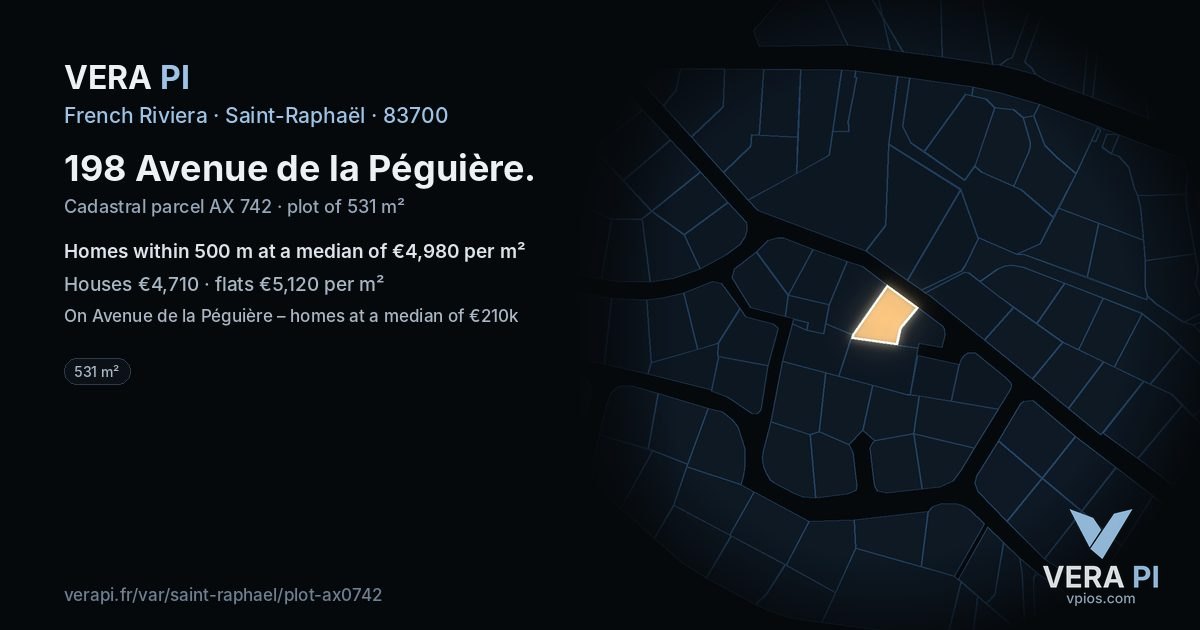 198 Avenue de la Péguière, Saint-Raphaël at night – the plot lit, the parcels around coloured by the prices near them