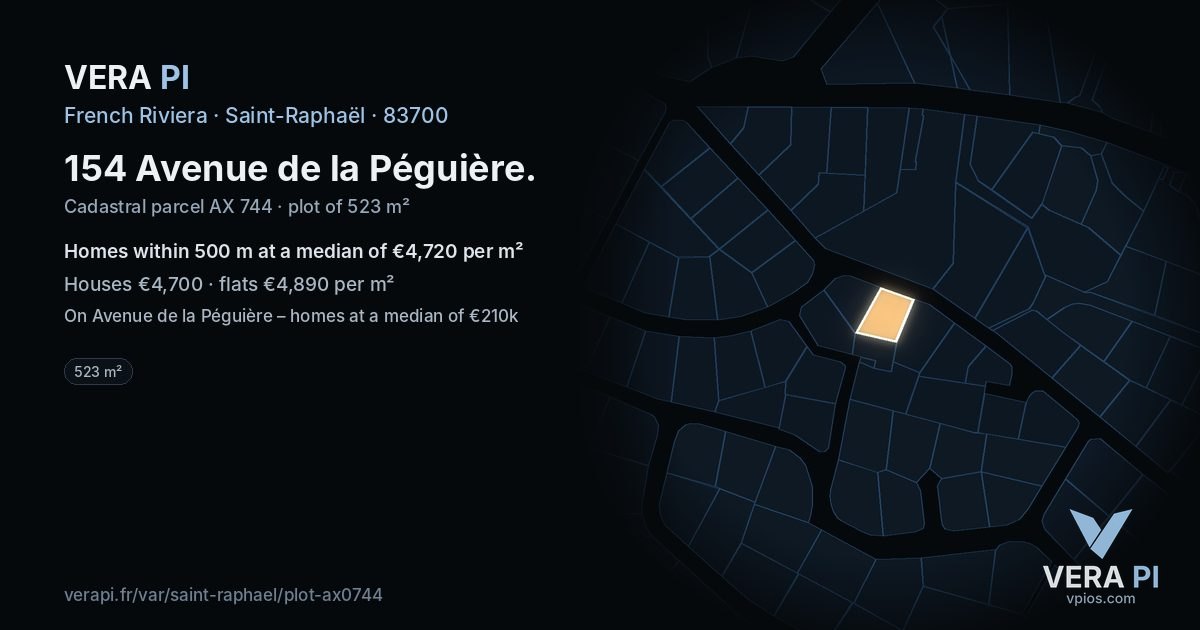154 Avenue de la Péguière, Saint-Raphaël at night – the plot lit, the parcels around coloured by the prices near them