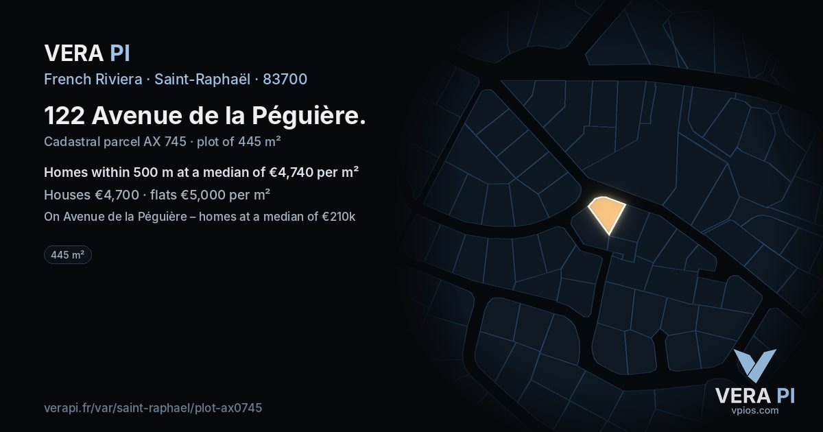 122 Avenue de la Péguière, Saint-Raphaël at night – the plot lit, the parcels around coloured by the prices near them