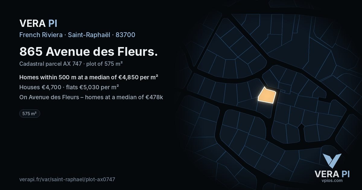 865 Avenue des Fleurs, Saint-Raphaël at night – the plot lit, the parcels around coloured by the prices near them