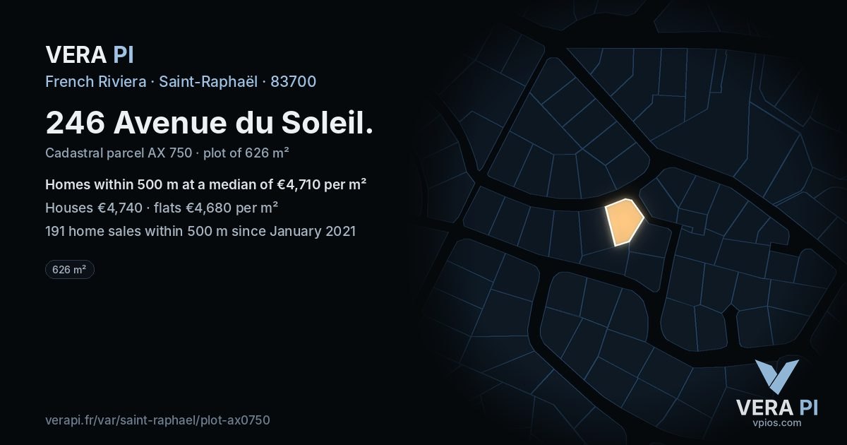 246 Avenue du Soleil, Saint-Raphaël at night – the plot lit, the parcels around coloured by the prices near them