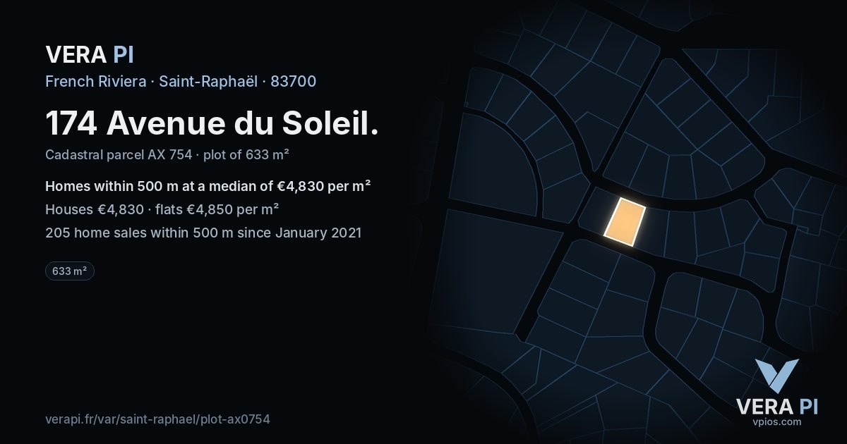 174 Avenue du Soleil, Saint-Raphaël at night – the plot lit, the parcels around coloured by the prices near them