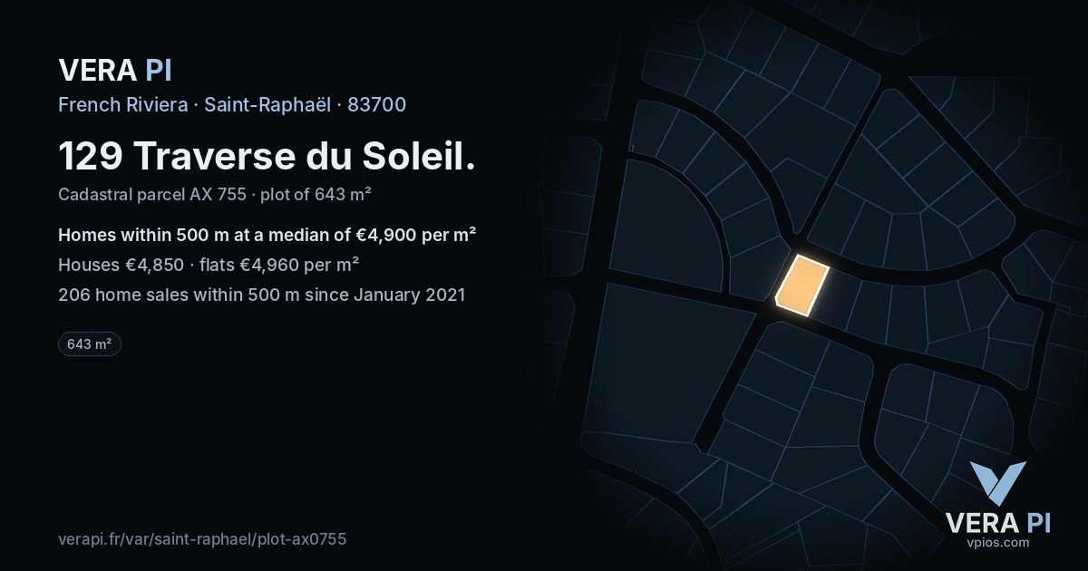129 Traverse du Soleil, Saint-Raphaël at night – the plot lit, the parcels around coloured by the prices near them