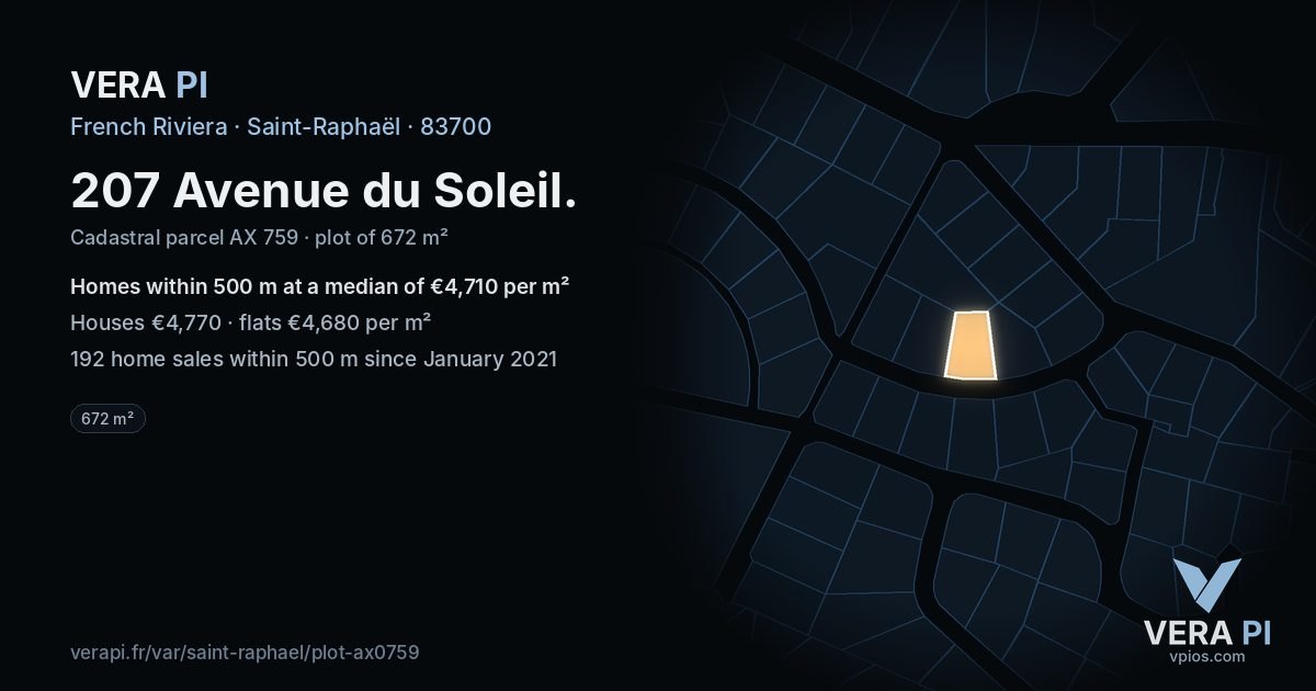 207 Avenue du Soleil, Saint-Raphaël at night – the plot lit, the parcels around coloured by the prices near them