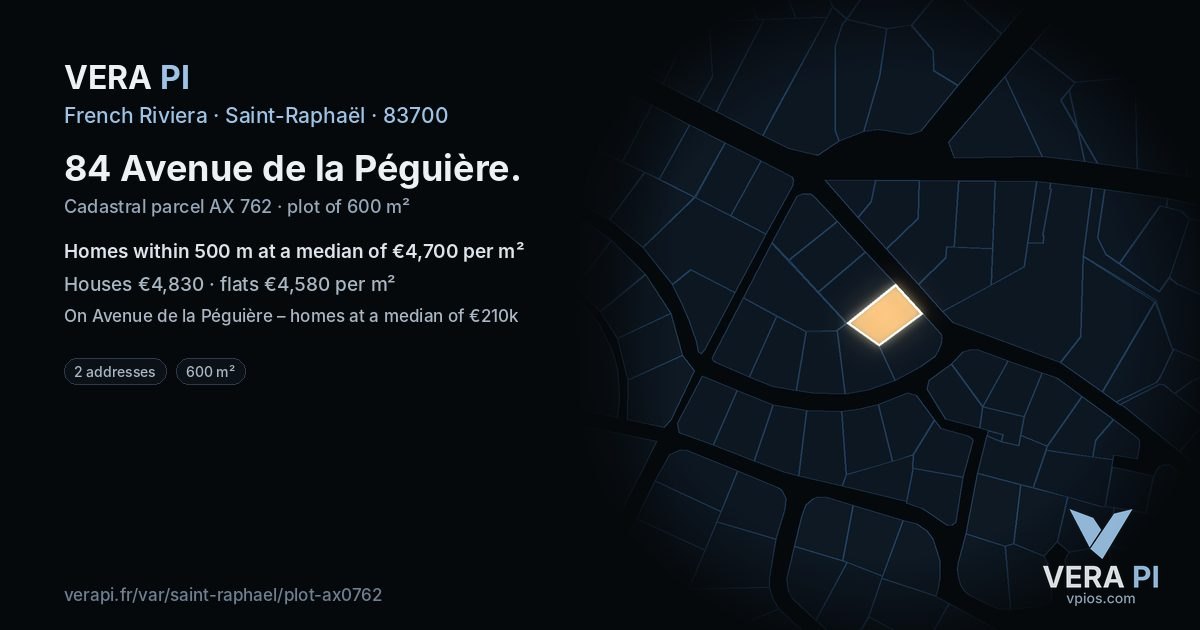 84 Avenue de la Péguière, Saint-Raphaël at night – the plot lit, the parcels around coloured by the prices near them