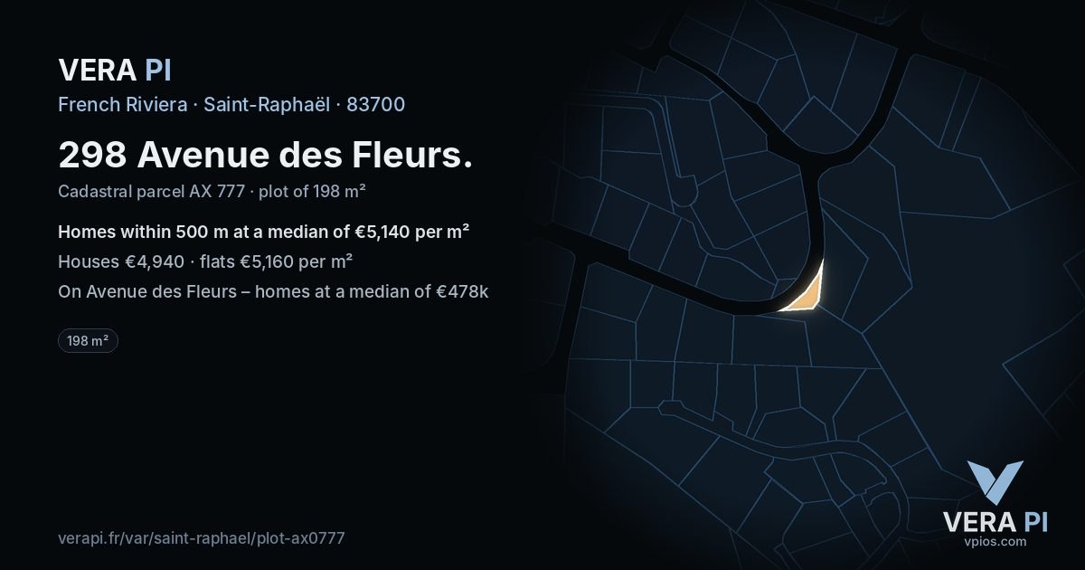 298 Avenue des Fleurs, Saint-Raphaël at night – the plot lit, the parcels around coloured by the prices near them