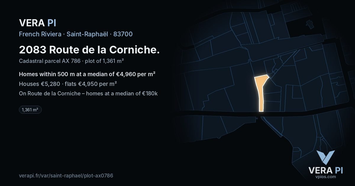 2083 Route de la Corniche, Saint-Raphaël at night – the plot lit, the parcels around coloured by the prices near them