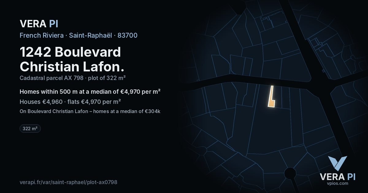 1242 Boulevard Christian Lafon, Saint-Raphaël at night – the plot lit, the parcels around coloured by the prices near them