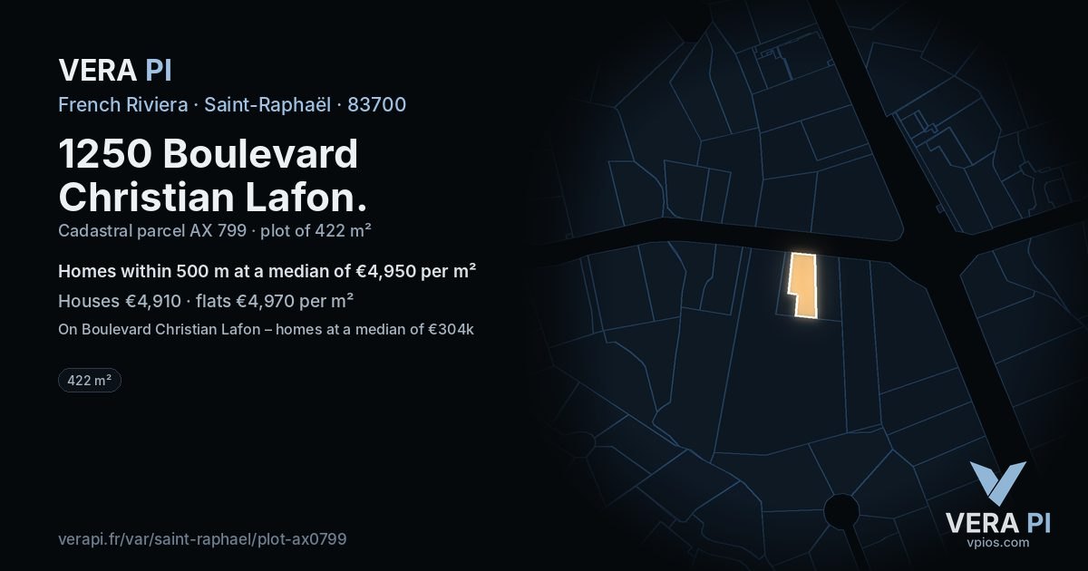 1250 Boulevard Christian Lafon, Saint-Raphaël at night – the plot lit, the parcels around coloured by the prices near them