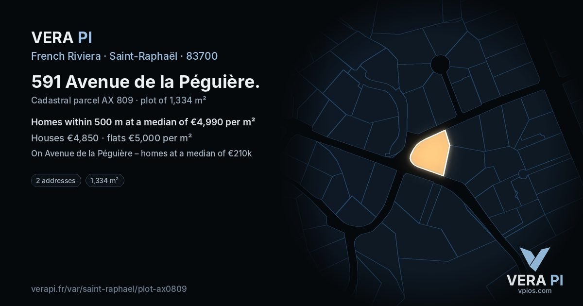 591 Avenue de la Péguière, Saint-Raphaël at night – the plot lit, the parcels around coloured by the prices near them