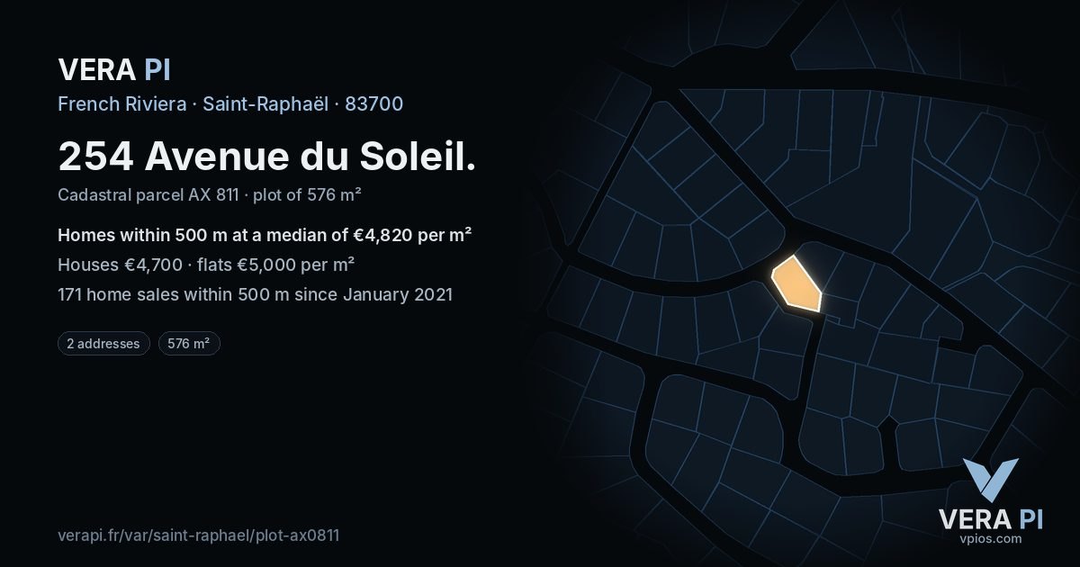 254 Avenue du Soleil, Saint-Raphaël at night – the plot lit, the parcels around coloured by the prices near them