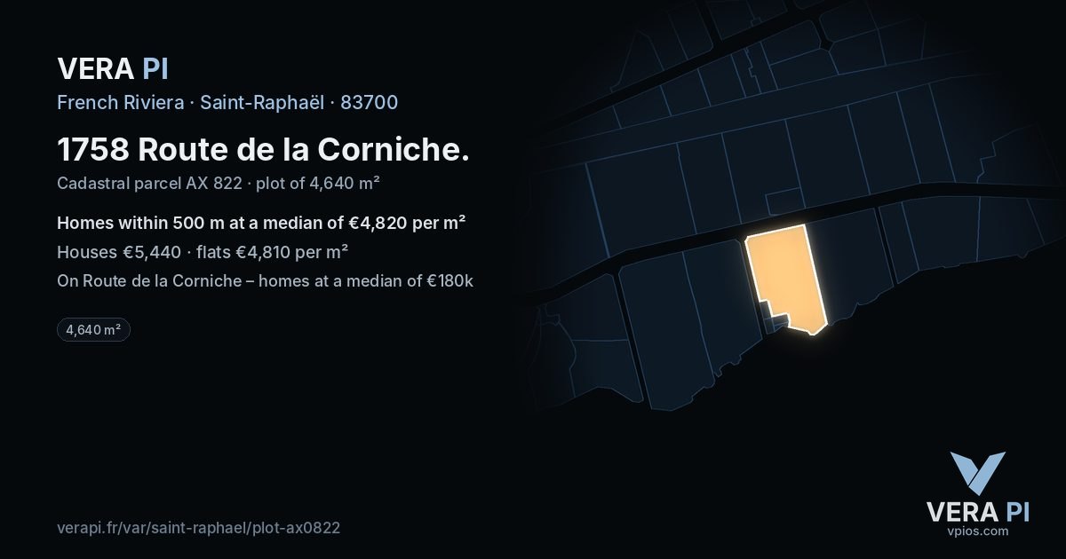 1758 Route de la Corniche, Saint-Raphaël at night – the plot lit, the parcels around coloured by the prices near them