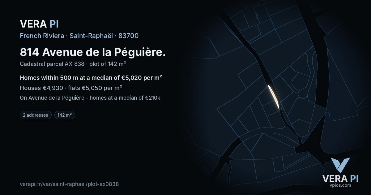 814 Avenue de la Péguière, Saint-Raphaël at night – the plot lit, the parcels around coloured by the prices near them