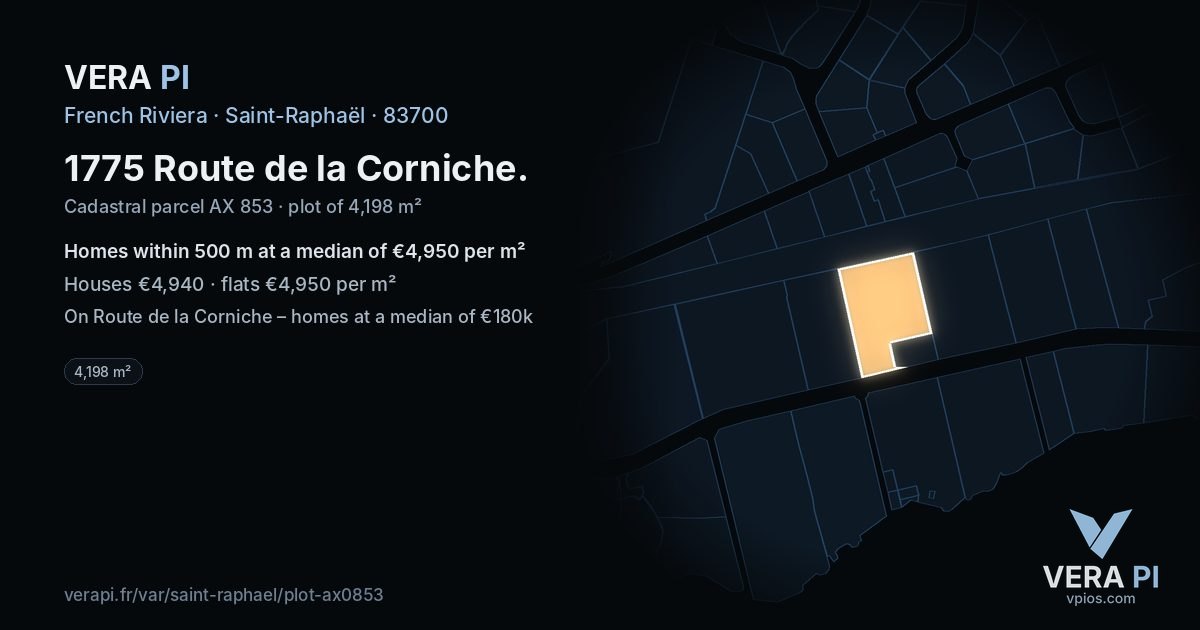 1775 Route de la Corniche, Saint-Raphaël at night – the plot lit, the parcels around coloured by the prices near them
