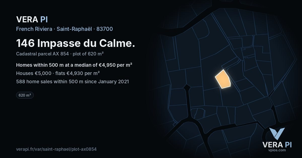 146 Impasse du Calme, Saint-Raphaël at night – the plot lit, the parcels around coloured by the prices near them