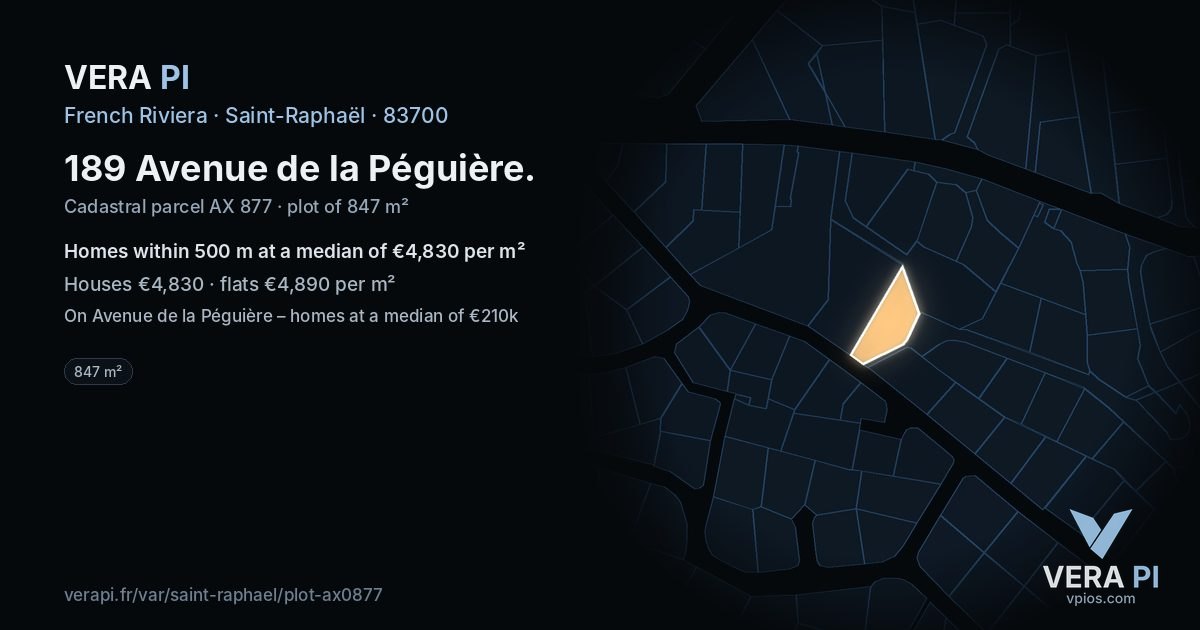 189 Avenue de la Péguière, Saint-Raphaël at night – the plot lit, the parcels around coloured by the prices near them
